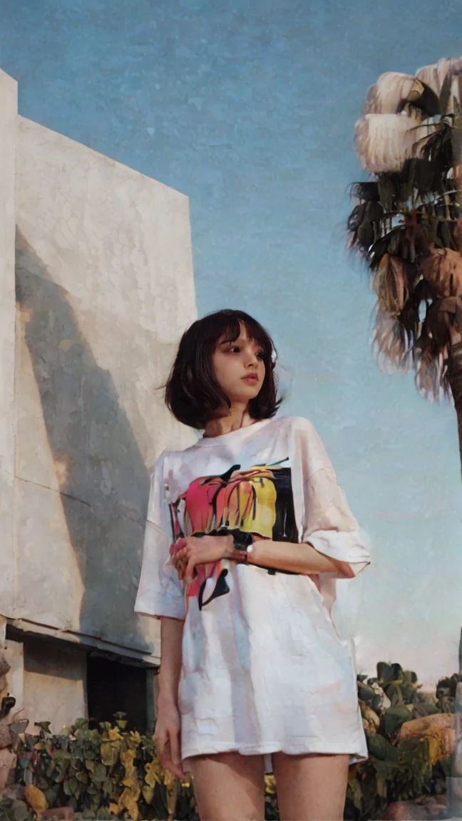 Best Quality, Masterpiece,Ultra High Resolution, (Realisticity:1.4),Original Photo, 1 Girl, light leak,dark intens shadow,wear (blank white untucked t-shirt),black bob hairstyles background (80's mondrian architecture colourful motel),palm trees, sunny,summer, los Angles vibes,(from below:1.2), (realistic:1.1), (surreal:1.2), (very detailed:1.1)