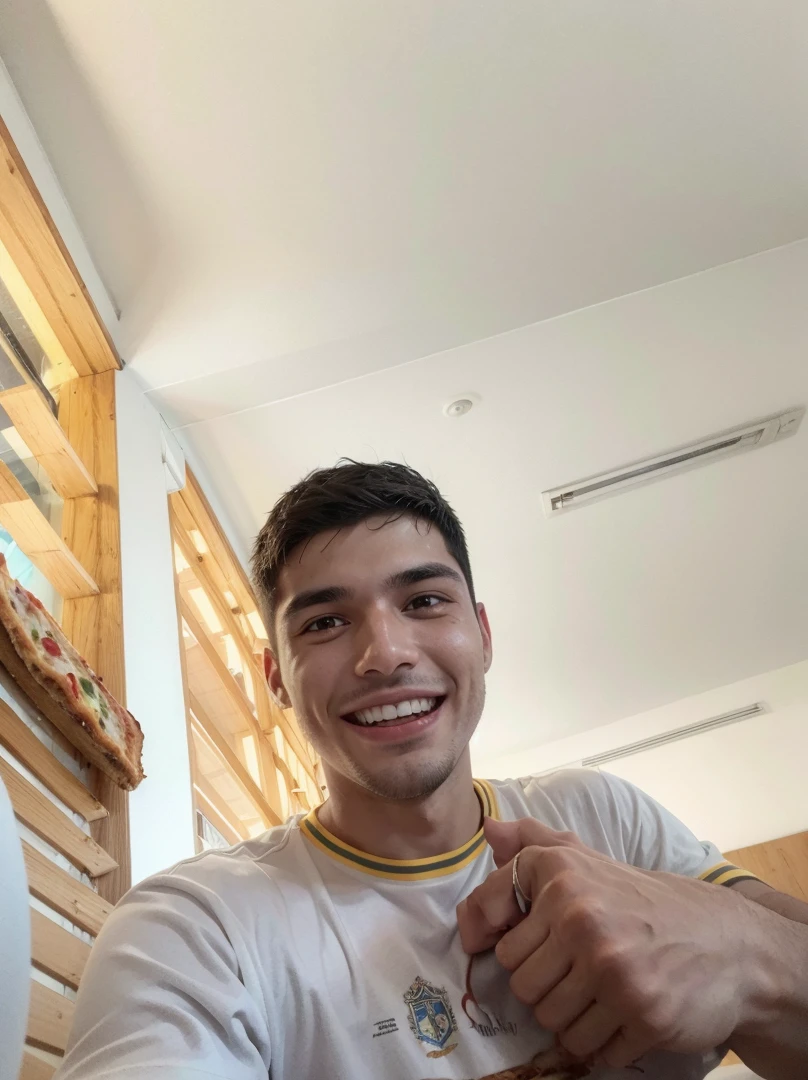 smiling man in a white shirt holding a pizza in front of a white board, caio santos, icaro carvalho, edu souza, powder Nándor Katona, david rios ferreira, carmelo blandino, frontal image, Jose Moncada, young spanish man, by Emerson Silva, Andreia Rocha, alexander, luis melo