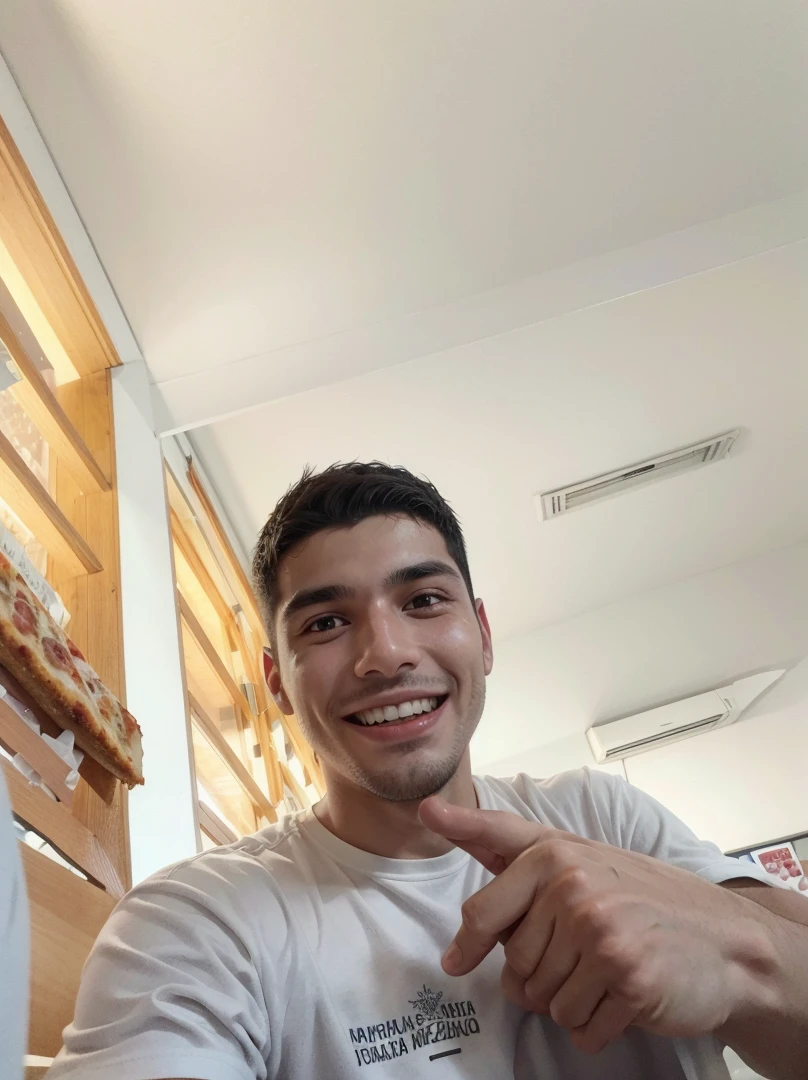 smiling man in a white shirt holding a pizza in front of a white board, caio santos, icaro carvalho, edu souza, powder Nándor Katona, david rios ferreira, carmelo blandino, frontal image, Jose Moncada, young spanish man, by Emerson Silva, Andreia Rocha, alexander, luis melo