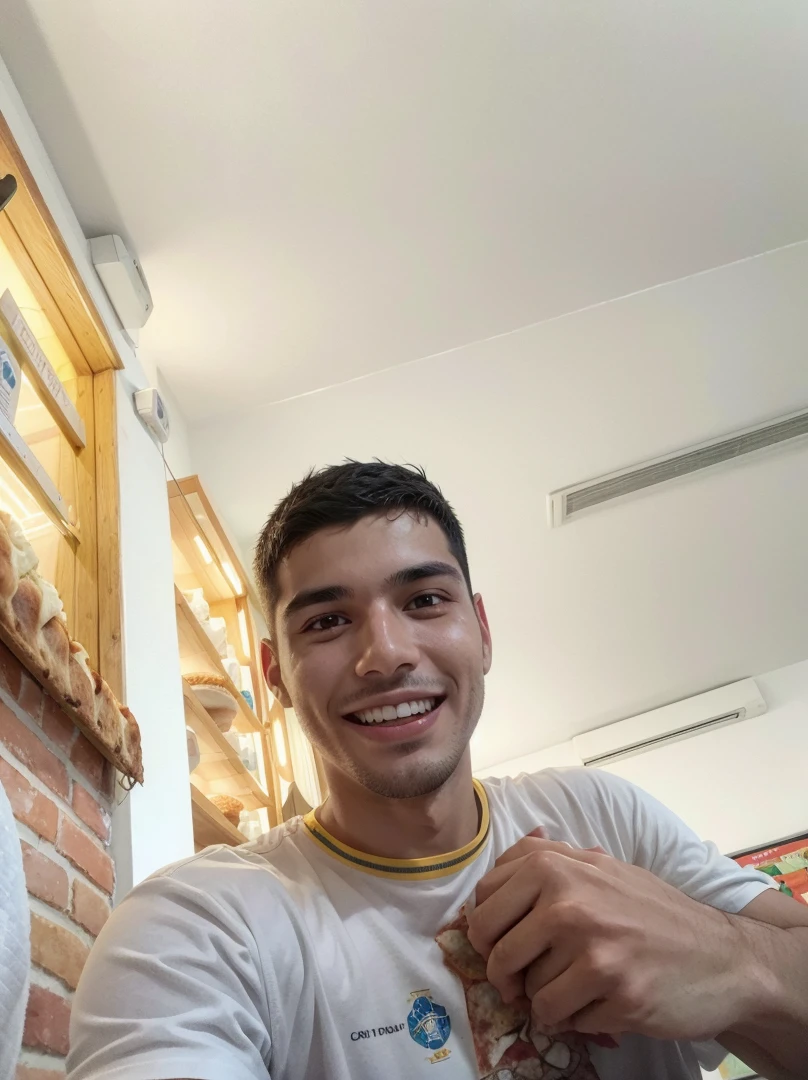 smiling man in a white shirt holding a pizza in front of a white board, caio santos, icaro carvalho, edu souza, powder Nándor Katona, david rios ferreira, carmelo blandino, frontal image, Jose Moncada, young spanish man, by Emerson Silva, Andreia Rocha, alexander, luis melo
