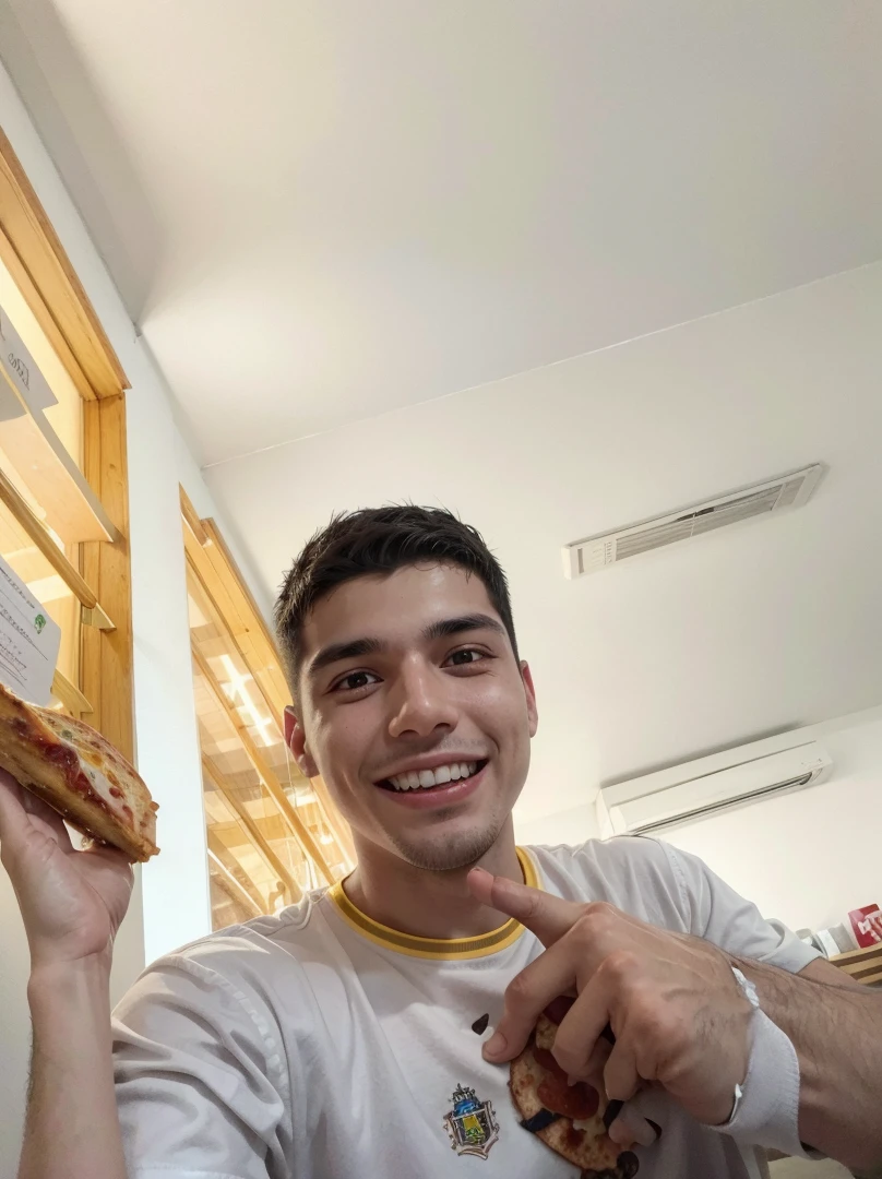 smiling man in a white shirt holding a pizza in front of a white board, caio santos, icaro carvalho, edu souza, powder Nándor Katona, david rios ferreira, carmelo blandino, frontal image, Jose Moncada, young spanish man, by Emerson Silva, Andreia Rocha, alexander, luis melo