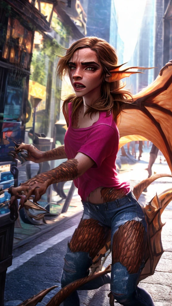 a beautiful girl with long brown hair, emma watson, sultry look, large breasts, ewt woman, transforming into a dragon, city street, t-shirt, jeans, clothes ripping, photo-realistic, intricate details, dramatic lighting, dark fantasy, cinematic, highly detailed, 8k, award winning, masterpiece, transformation, best quality