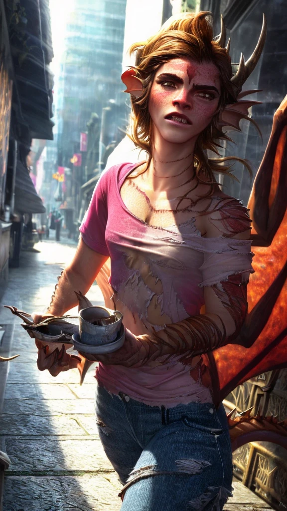 a beautiful girl with long brown hair, emma watson, sultry look, large breasts, ewt woman, transforming into a dragon, city street, t-shirt, jeans, clothes ripping, photo-realistic, intricate details, dramatic lighting, dark fantasy, cinematic, highly detailed, 8k, award winning, masterpiece, transformation, best quality