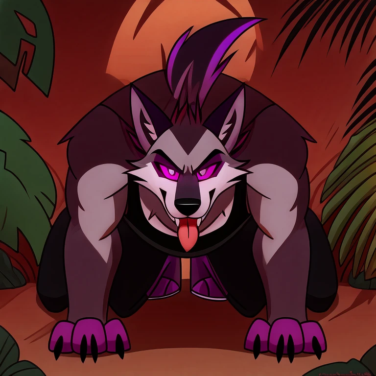 (masterpiece, best quality:1.2), Vortex hellhound, wolf, furry, helluva boss, glowing purple eyes, tongue out, he wears a black t-shirt with a gray vest with red spikes on the shoulders and black pants, bowed before his master on all fours, jungle background,