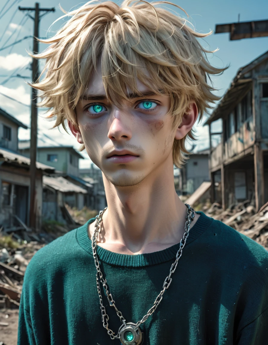 High dynamic range HDR photography gigachad of Anime style. Setting: post-apocalyptic settlement: A stunningly ethereal and delicate 18-year-old male is depicted in a full-body shot. His short wavy blond hair cascades around him, framing his exquisite features. Striking blue/green heterochromia eyes. He wears a black long-sleeved wool sweater (camisa de lã preta manga longa) that's too big for him, adding to his otherworldly charm. A delicate silver chain (corrente de prata) adorns his neck. This mesmerizing image, possibly a painting, is rich in detail and radiates a sense of dystopian beauty. Every element, from the man's delicate and soft features to the elaborate design of his shirt, is rendered with impeccable artistry, drawing viewers into a realm of loss and wonder., anime, Realism, anatomically correct, super detail, 4K, photography.