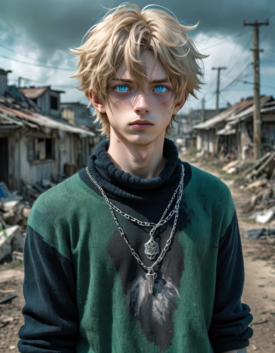 High dynamic range HDR photography gigachad of Anime style. Setting: post-apocalyptic settlement: A stunningly ethereal and delicate 18-year-old male is depicted in a full-body shot. His short wavy blond hair cascades around him, framing his exquisite features. Striking blue/green heterochromia eyes. He wears a black long-sleeved wool sweater (camisa de lã preta manga longa) that's too big for him, adding to his otherworldly charm. A delicate silver chain (corrente de prata) adorns his neck. This mesmerizing image, possibly a painting, is rich in detail and radiates a sense of dystopian beauty. Every element, from the man's delicate and soft features to the elaborate design of his shirt, is rendered with impeccable artistry, drawing viewers into a realm of loss and wonder., anime, Realism, anatomically correct, super detail, 4K, photography.