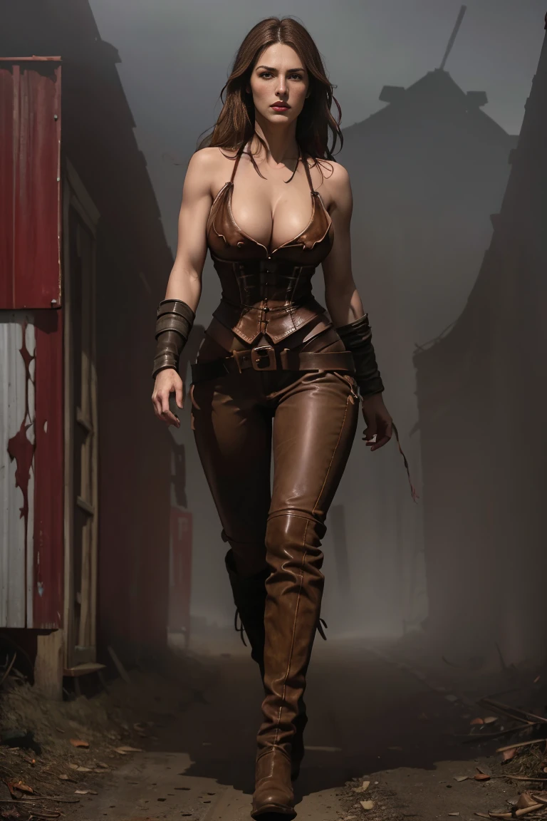 circa 1880s full body western girl, long brown straight hair, brown eyes, high arched eyebrows, long graceful neck, red lips, large breasts, tight brown leather pants, sleeveless brown leather vest, leather western boots, deserted uninhabited North American small town walking on a dusty sandy street with the wind blowing her hair, realistic, photorealistic, photorealistic, horror, dark and gloomy atmosphere with dramatic lighting, dull reddish colors, Foggy environment, detailed facial expressions, Horrible fog