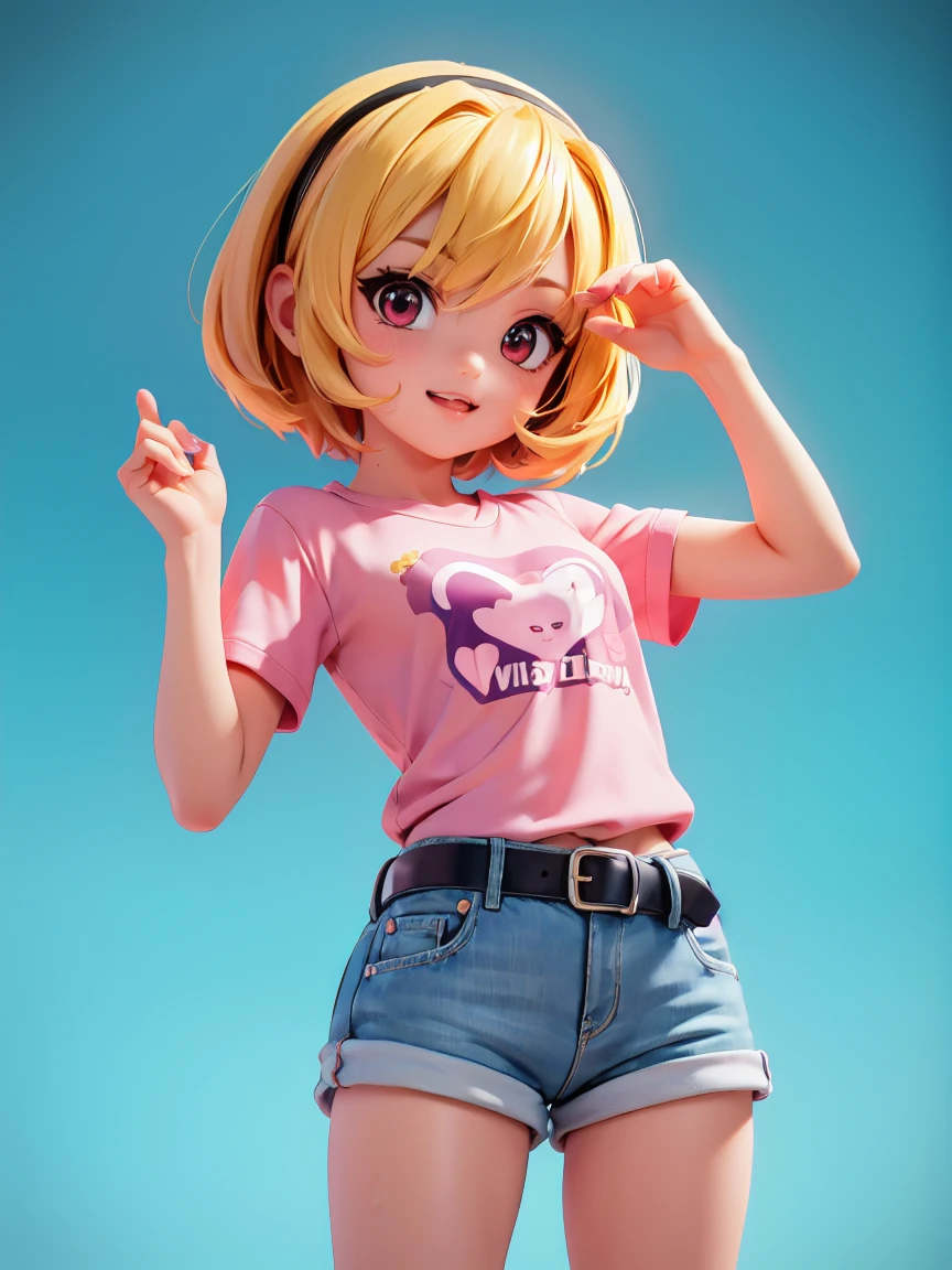 Satoko Hojo, One Girl, (blonde), Red eyes, short hair, hair band, Small breasts,  alone, chibi, chibi figure, pink shirt, white belt, denim shorts