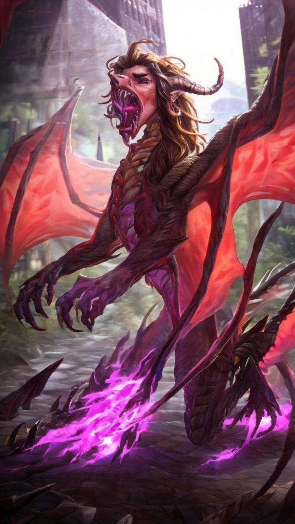 a beautiful girl with long brown hair, emma watson, ewt woman, transforming into a dragon, bone dragon, , city street, t-shirt, jeans, clothes ripping, screaming in terror from the pain, photo-realistic, intricate details, dramatic lighting, dark fantasy, cinematic, highly detailed, 8k, award winning, masterpiece, transformation, best quality