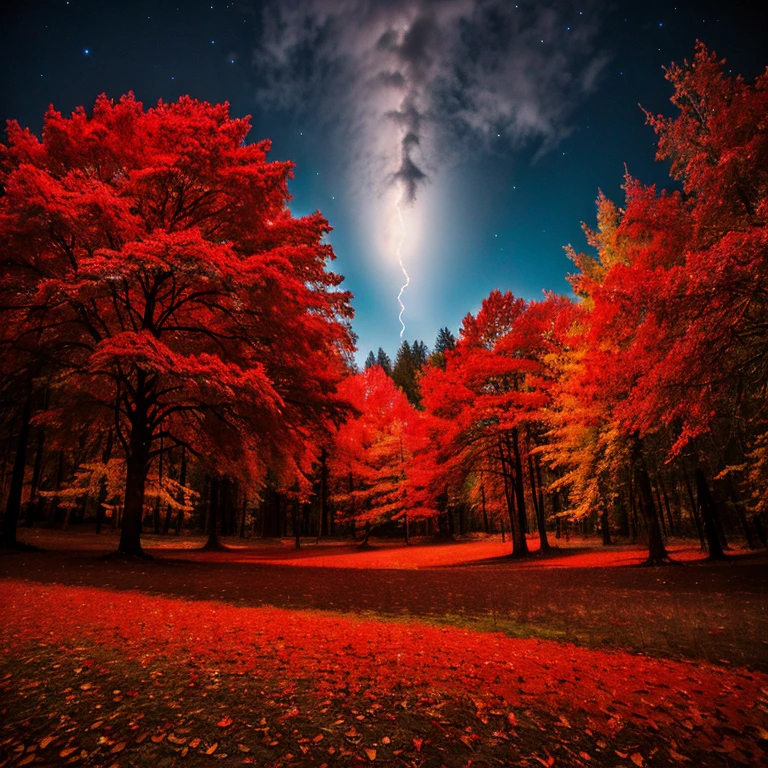 red forest in the night moonlight, high detail, 8k