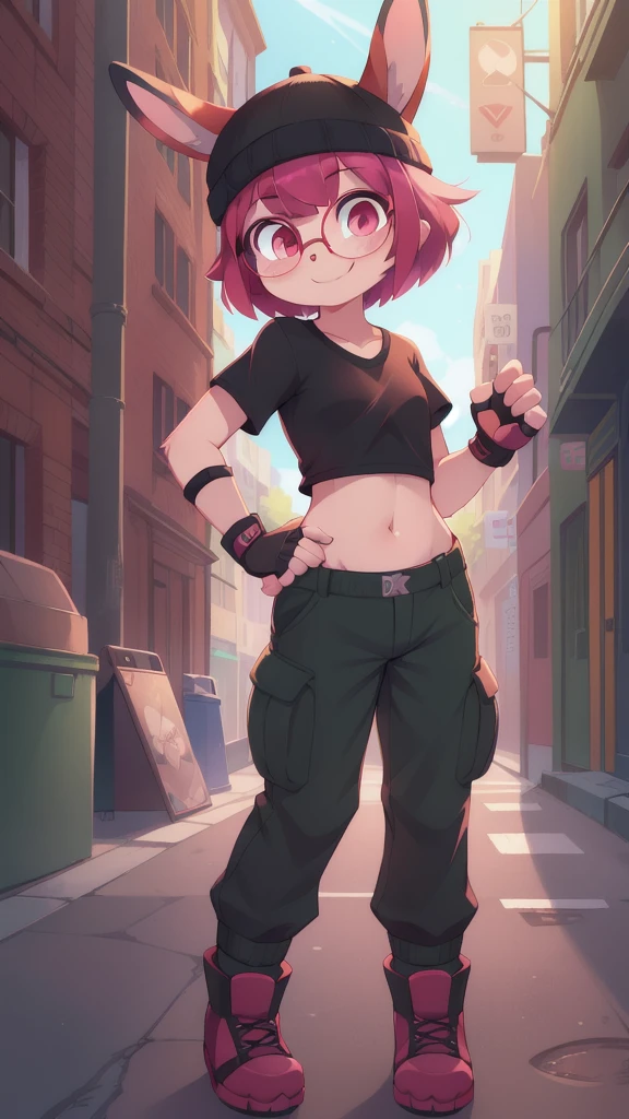 Furry girl, rabbit, solo, looking at viewer, short hair, rabbit ears, :3, smile, animal ears, beanie, pink eyes, bright pupils, magenta hair, red eyes, bangs, small breasts, full body, feets with three toes, 3 toes, ((black headwear, glasses, hat, under-rim eyewear, semi-rimless eyewear, black shirt, midriff, short green cargo pants, red toeless footwear, fingerless gloves)), street, clear sky,