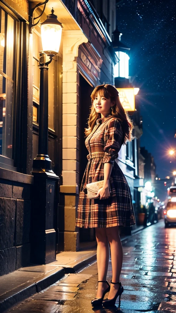 Woman in colorful plaid dress standing on stone street in the middle of a city with Victorian style lighthouses on a night full of stars