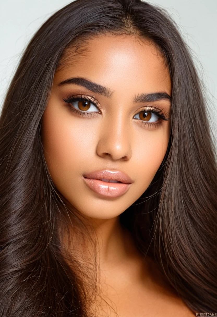 create a wonderful woman, beautiful of Brazilian origin with honey-colored eyes, fleshy lips, long hair and brown skin, approximately 19 years old