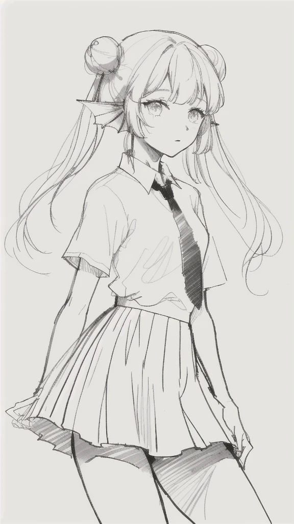 Draw line,monochrome,(sketch:1.5), 1girl,20 years old,solo,long hair,white hair,finana,twintails,double bun,(white shirt,short sleeves,standart tie,skirt),(white background,sketch),Mid-ground character