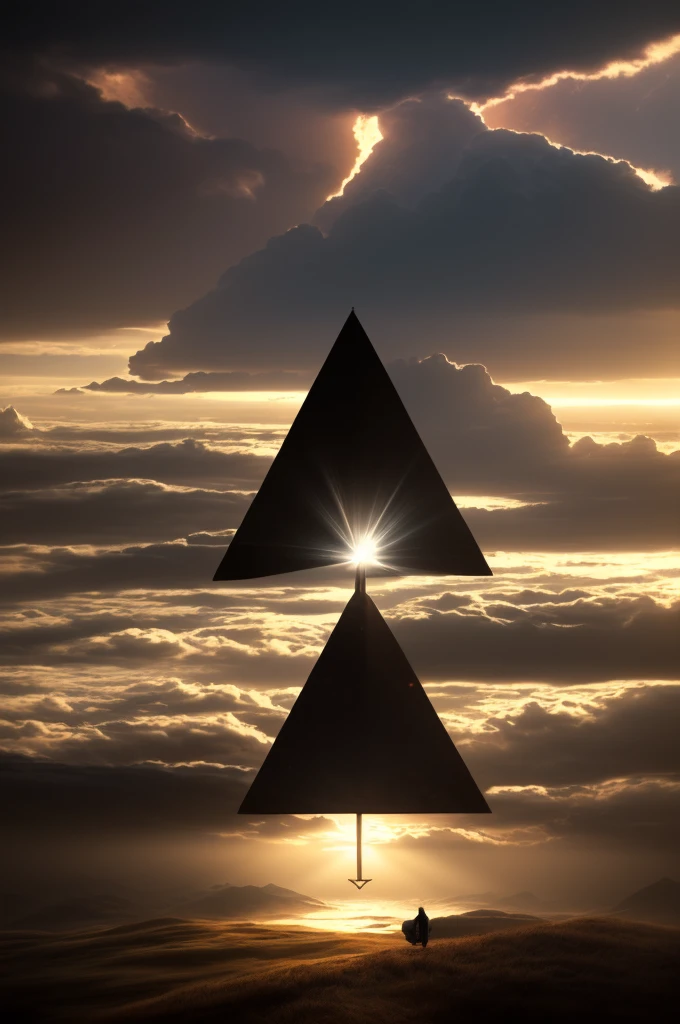 (sacred triangle:1.3) illuminated with ethereal light, set against a dramatic sky, ((dynamic clouds)), high contrast between light and darkness, (cinematic lighting:1.2), inspired by (Greg Rutkowski:1.1), (Hayao Miyazaki:1.1), ((dreamlikeart style)), heavenly ambiance, 8K resolution, majestic, awe-inspiring, highly detailed, photorealistic