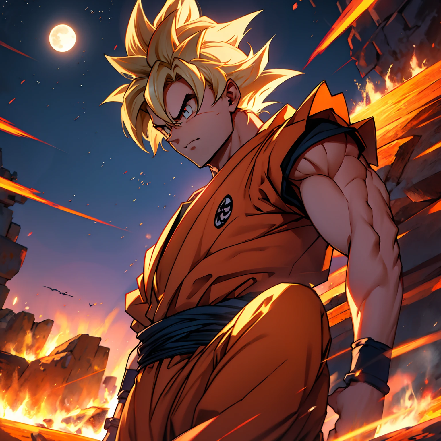 high quality, beautiful,serious,son goku, night weather