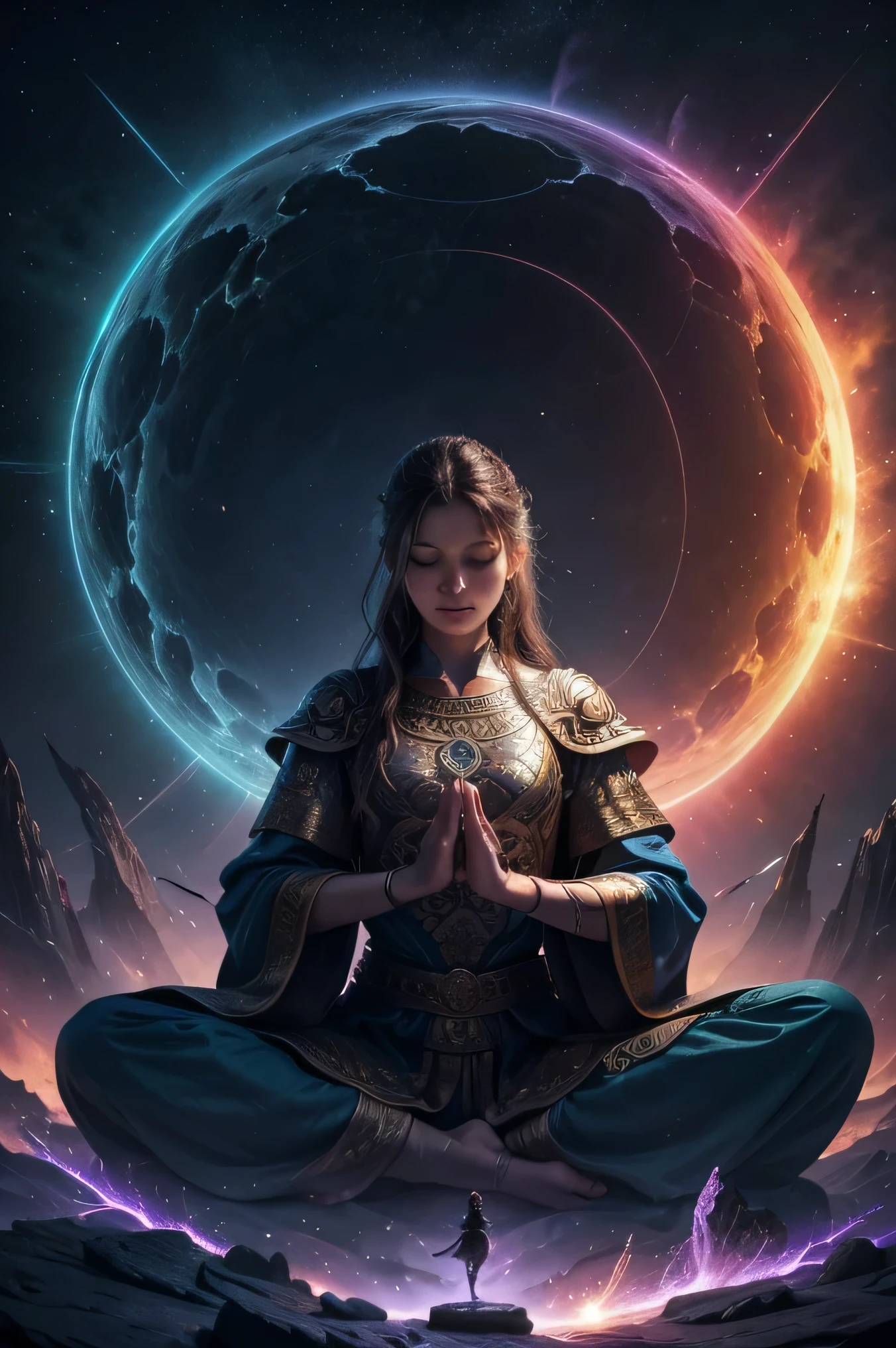 meditation. highly detailed image. Person meditating in a fantasy world. Feeling of power of knowledge. dream world. strong and vibrant colors. Kinematic lighting.