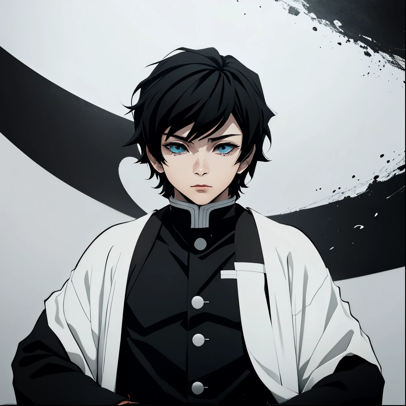 fifteen year old male, Uniform demon slayer, ying yang sword, Beautiful visual quality, Short hair, White and black color theme