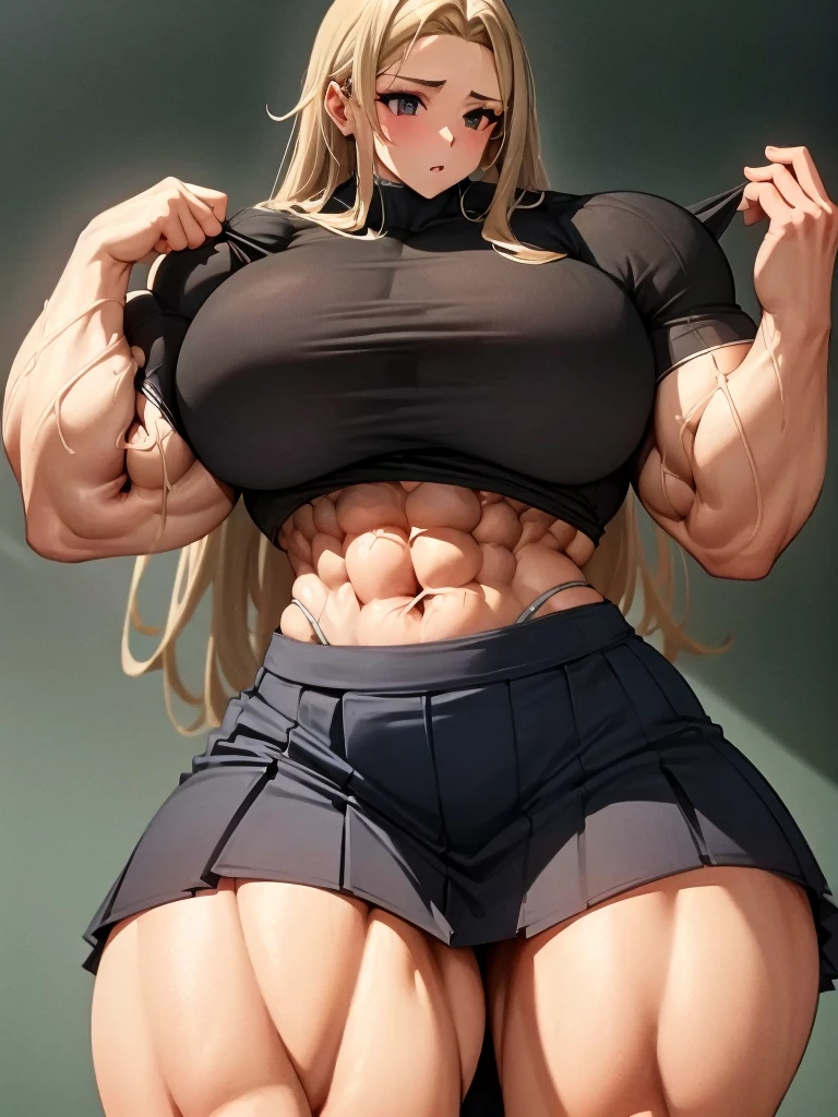 Frayed woman in a skirt and shirt posing in front of a blackboard, powerful and huge, hyperrealistic schoolgirl, exaggeratedly large physique, realistic , muscular girl, huge legs towering over you, a hyperrealist , feminine and muscular, strong and imposing, huge muscles, huge muscles, big muscles, muscular ultraviolent woman