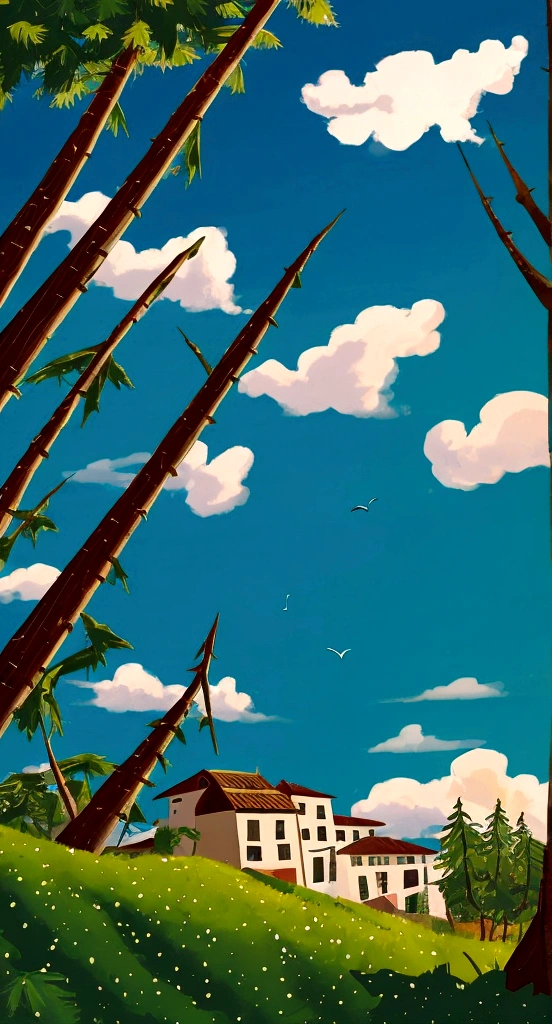 A GREEN FIELD with blue sky, and clouds, bright sunny, a mill in the background, just two pine trees in the background