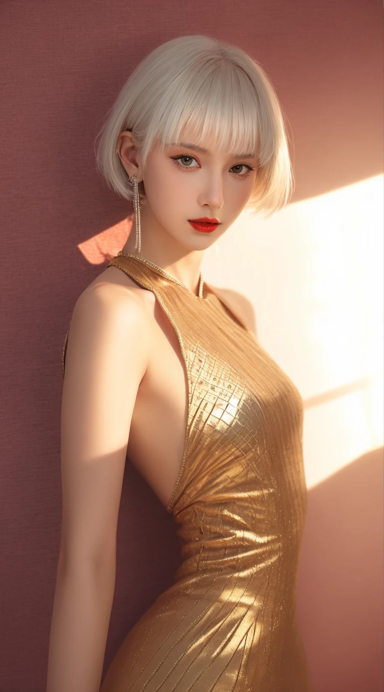 a woman, highly detailed, realistic, , upper body, makeup, lipstick, gradient background, (dark brown eyes), blonde hair, mouth open, straight hair, dark eyes, oversized man's shirt with unbotton off shoulder showing breasts , waist up pose , various shot angle  ,
inside a exclusive modern night club, waist up pose , short bob cut hair