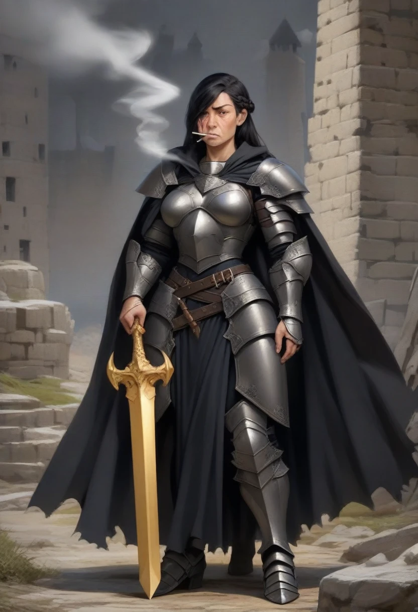 {{full body, realistic}} {{Artist: ray-k)}} 1woman, mature woman, french braid, long hair, muscular, tall, black hair, golden eyes, looking tired, scar over left eye, armored, black cloak, cape, black cape, looking down at viewer, smoking, dagger at hip, dagger, castle background, dark fantasy, cigarette in mouth, smoke from cigarette, detailed background, cold expression, armored, wearing armor, holding sword, golden sword, magical sword, holding sword in one hand, stern expression,