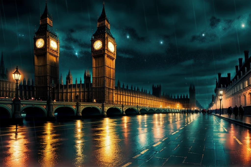 best quality, rain, night, night sky, london,