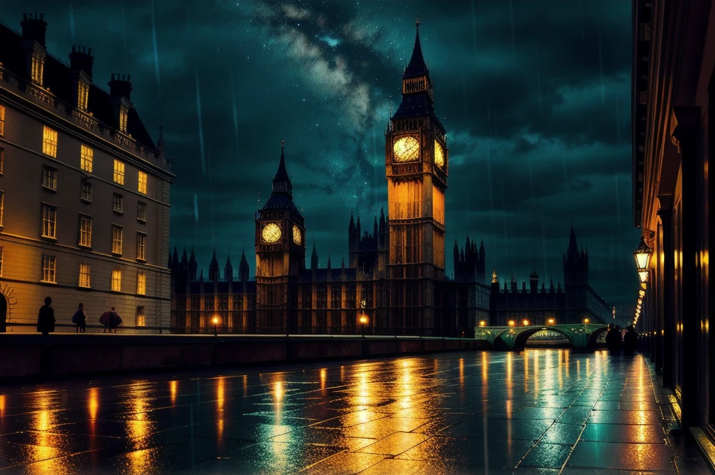 best quality, rain, night, night sky, london,