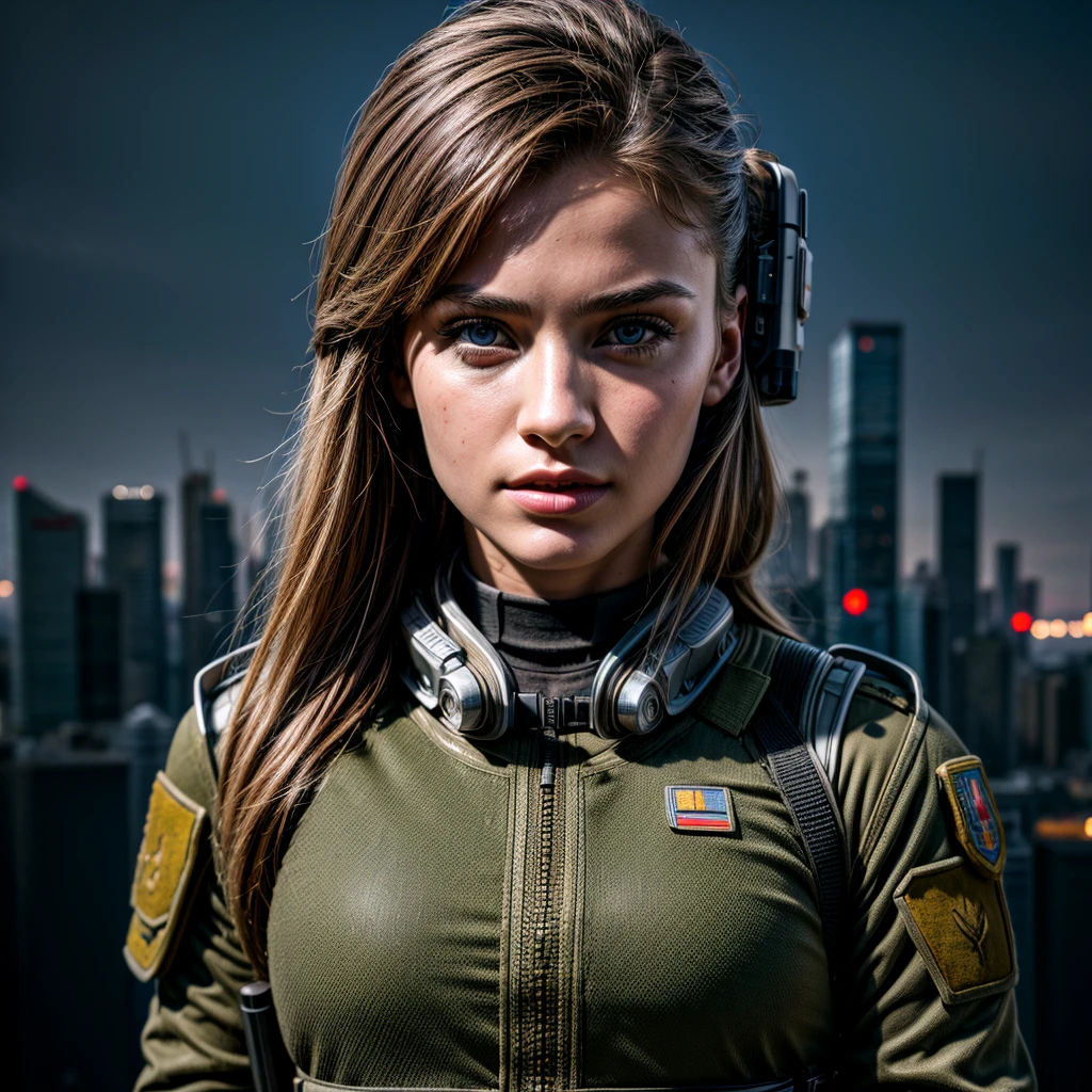 beautiful detailed young cyborg girl:1.2, (highly detailed futuristic cityscape:1.2), (military:1.2), professional portrait photography, ukraine military, assault rifle, soldier