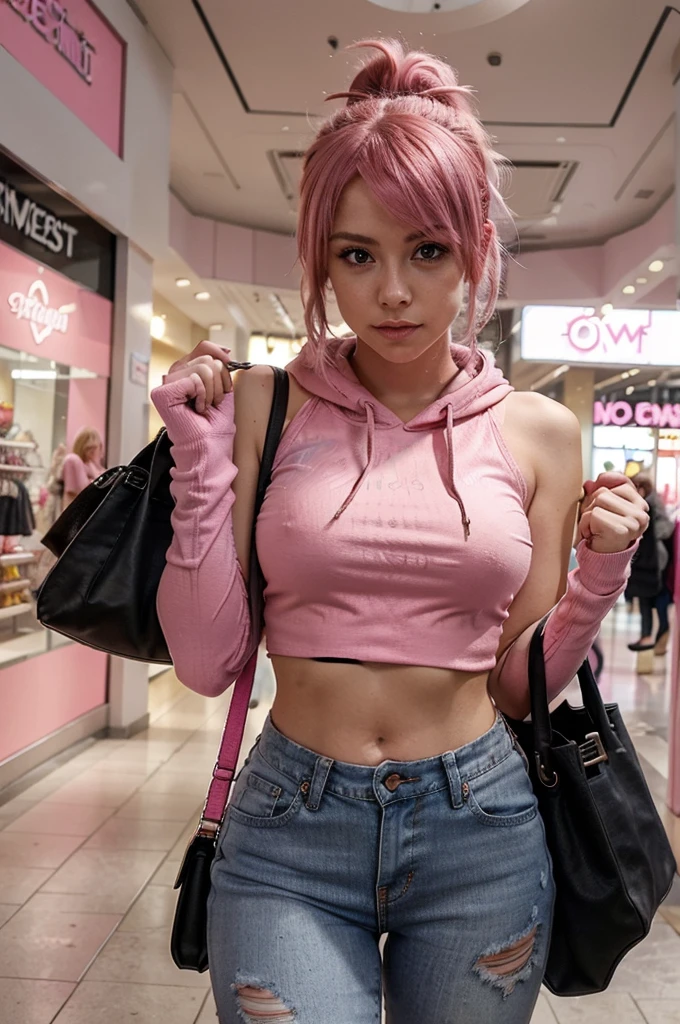 girl with pink hair , pink messy hair, 1 girl, solo, short jeans, pink fingerless gloves, pink crop top hoodie, in a mall, black bag, fishnet pantyhose