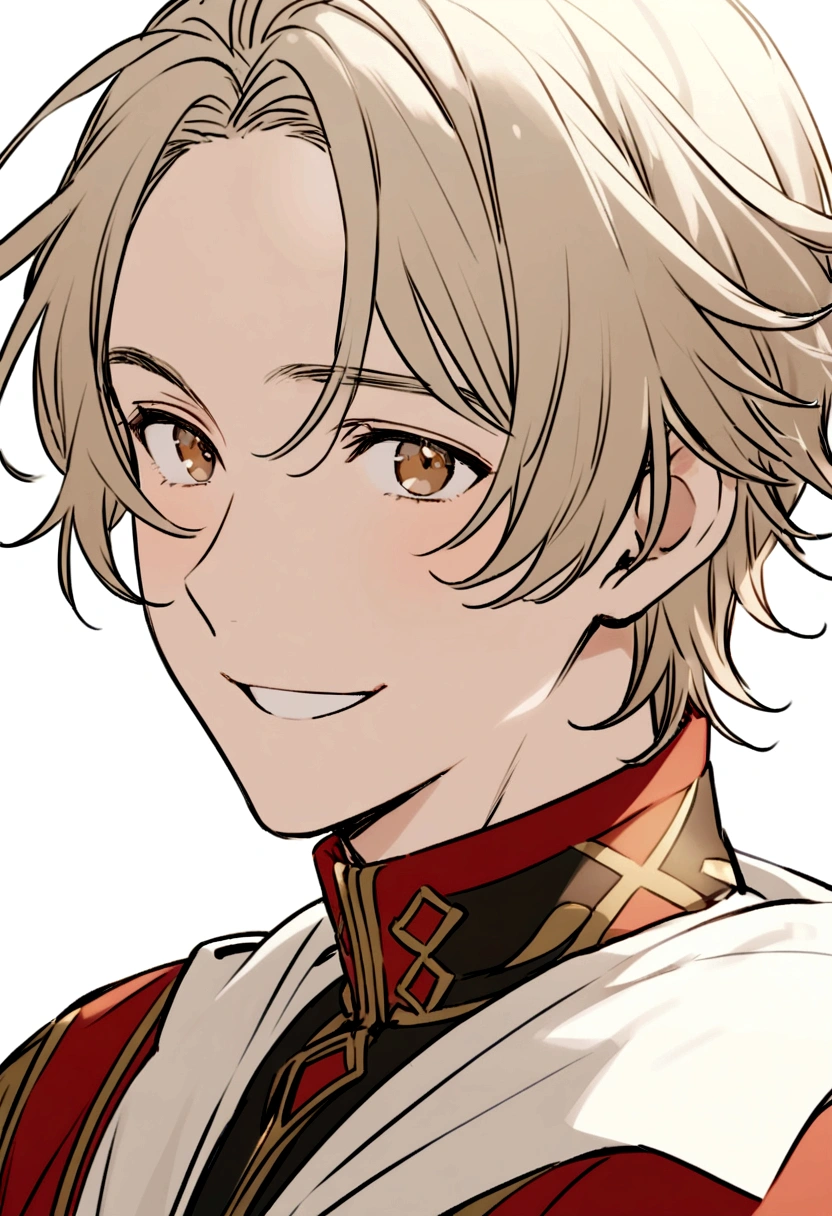 a happy boy with light hair, brown eyes, with Saint John's costumes and a completely white background, 16k