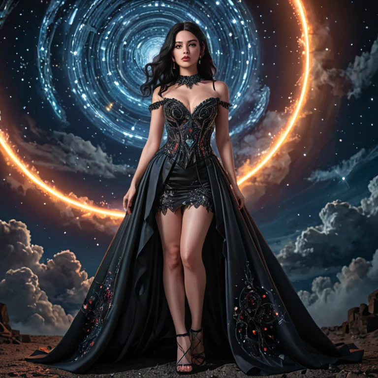(masterpiece, top quality, best quality, official art, beautiful and aesthetic:1.2), (1girl), extreme detailed,(fractal art:1.3),colorful,highest detailed, (Flat color:1.1),(Colorful:1.3),(Masterpiece:1.2), Best quality, Masterpiece, Original, Full body photo, Very detailed wallpaper, Solo woman, starry night sky,Best quality, Masterpiece, (Realistic:0.6), Realistic lighting, Detailed, Complicated details, 4K, Line art, Fibonacci, 1 solo woman, black hair, goth queen, evil villainess, badass woman, beautiful gown, high-low dress, showing legs, dramatic dress, lots of embroidery, galaxy dress, night sky dress, celestial dress, evil goddess queen woman