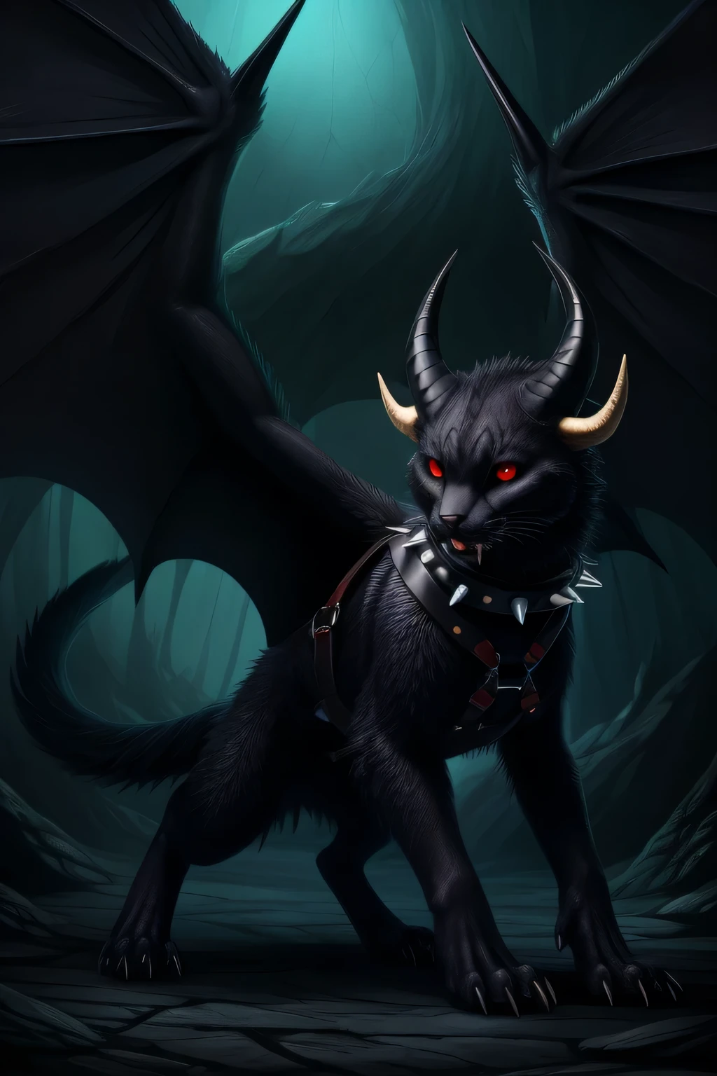 abyss monster, horror, female, feral, black smooth fur, webbed wings, claws, horns, red eyes, feline body, fangs, leather harness, full body, spiked collar, Detailed body fur, a three-quarter view, masterpiece