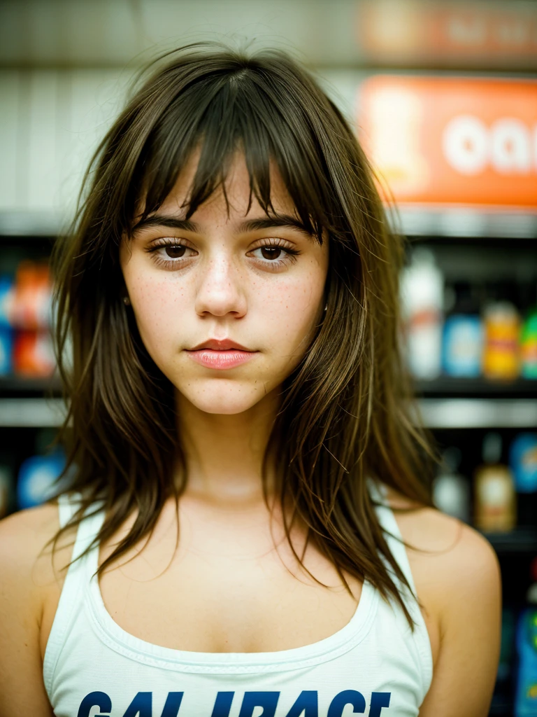 Close-up portrait photo of a young brunette woman taken at a convenience store during the night, low quality image, exhibiting a grainy texture, jpg artifacts, film grain, gritty, raw aesthetic