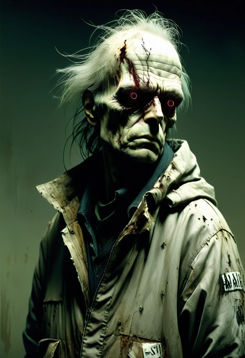 Ashley Wood style, dark scarlet background, Chemiluminescence. A 45-year-old man with a sad, tired look, overgrown dirty hair and dirty, disheveled clothes. (minimalism: 1), ray tracing details...Stephen Gammell style - Iai in Stephen Gammell style
