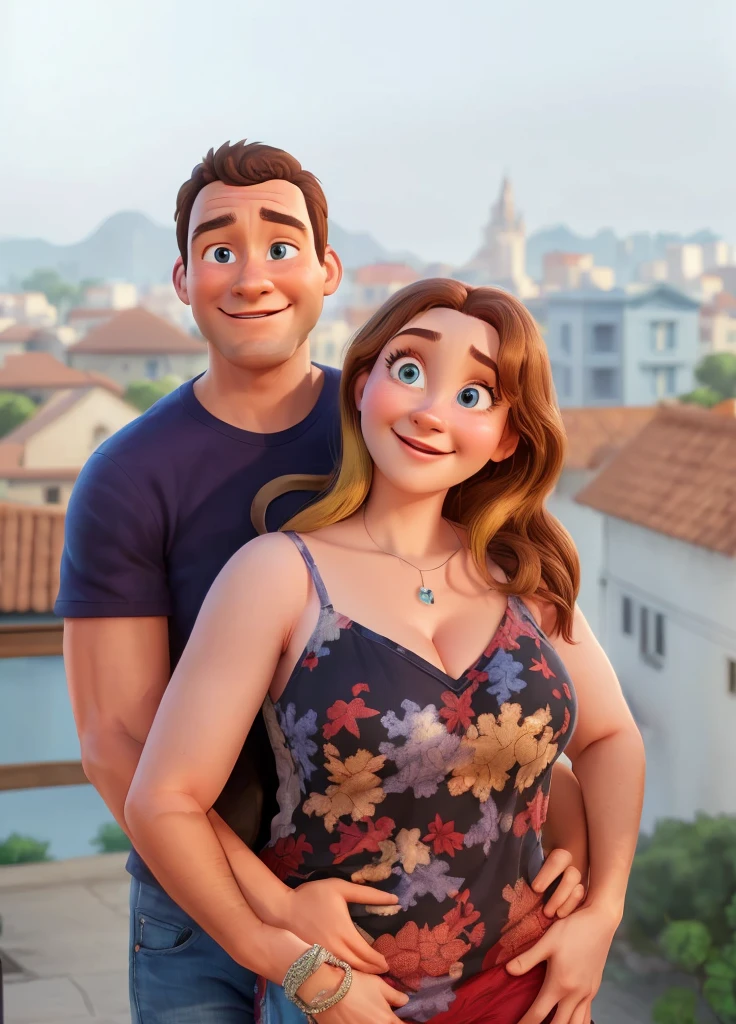 Man and woman posing for a photo in front of a city, animation movie still, pixar portrait 8 k photo, animated film, animation film, disney pixar movie still, still from film, realistic movie still, disney photorealistic, animated still, a still of a happy, Still from a Pixar film, pixar movie still, high resolution film still