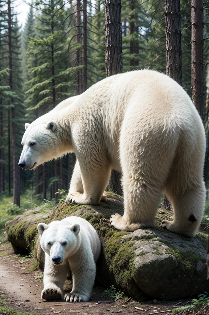 polar bear in the forest with bright clothes