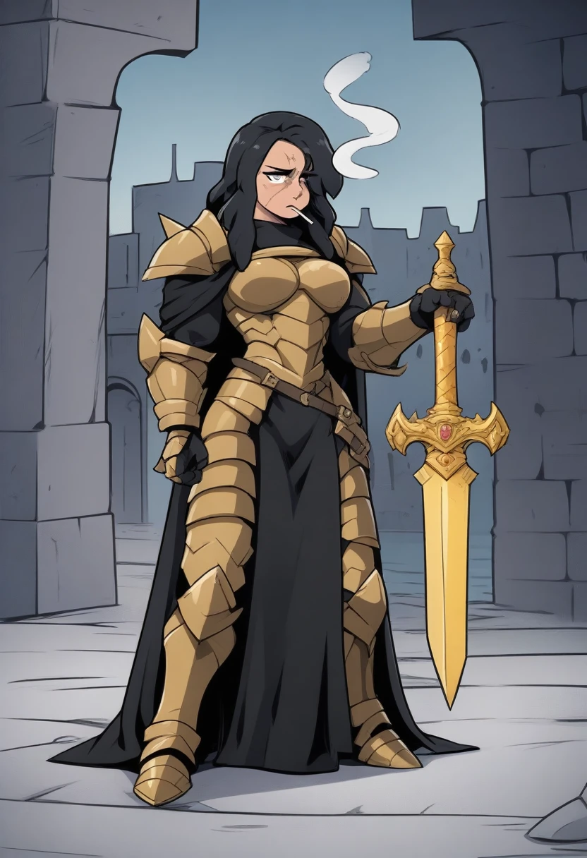 {{full body}} {{Artist: ray-k)}} 1woman, mature woman, french braid, long hair, muscular, tall, black hair, golden eyes, looking tired, scar over left eye, armored, black cloak, cape, black cape, looking down at viewer, smoking, dagger at hip, dagger, castle background, dark fantasy, cigarette in mouth, smoke from cigarette, detailed background, cold expression, armored, wearing armor, holding sword, golden sword, magical sword, holding sword in one hand, stern expression,