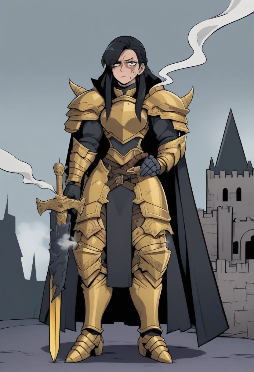 {{full body}} {{Artist: ray-k)}} 1woman, mature woman, french braid, long hair, muscular, tall, black hair, golden eyes, looking tired, scar over left eye, armored, black cloak, cape, black cape, looking down at viewer, smoking, dagger at hip, dagger, castle background, dark fantasy, cigarette in mouth, smoke from cigarette, detailed background, cold expression, armored, wearing armor, holding sword, golden sword, magical sword, holding sword in one hand, stern expression,