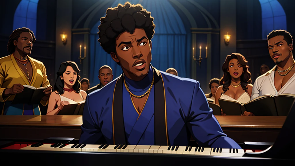 1970s tv show, African-American male r&b star named "Luther Diamond" playing piano while surrounded by a singing choir, cinematic action, masterpiece, super detail, textured skin, atmospheric perspective,