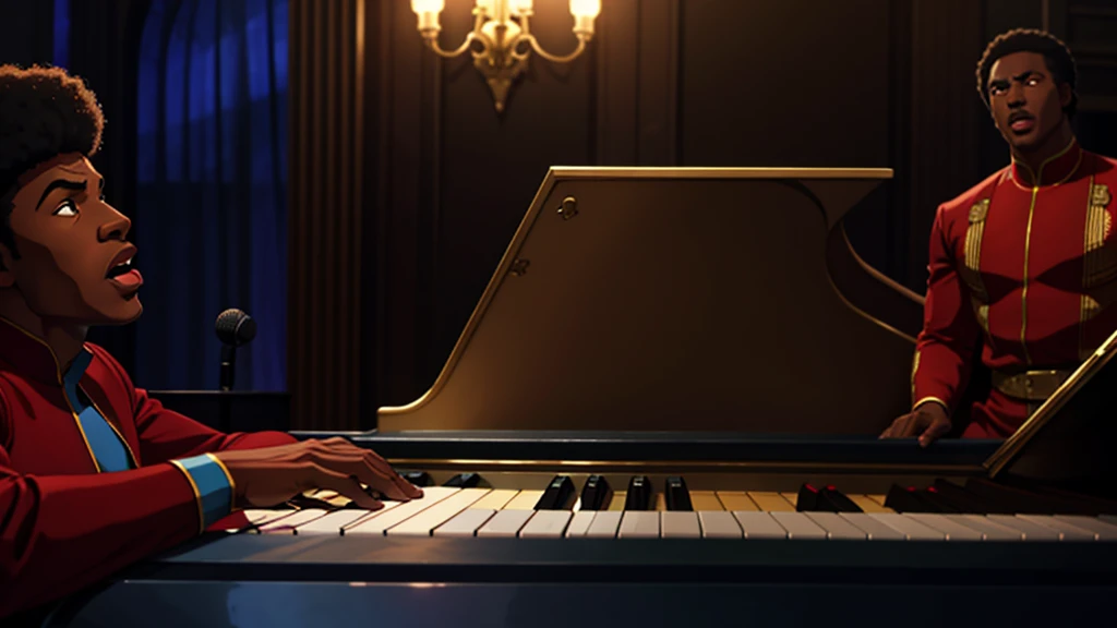 1970s tv show, African-American male r&b star named "Luther Diamond" playing piano while surrounded by a singing choir, cinematic action, masterpiece, super detail, textured skin, atmospheric perspective, 