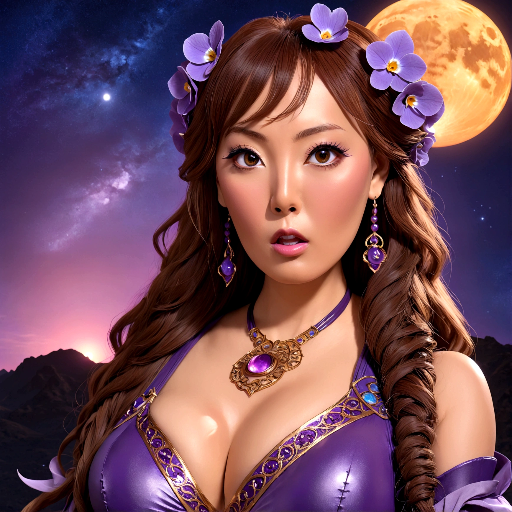 Hitomi Tanaka,female sorcerer,violets minimal  outfit,calling down power sun moon,make you love her,magic in air, poses,detailed face,beautiful detailed eyes,beautiful detailed lips,extremely detailed eyes and face,long eyelashes,highly detailed,photorealistic,masterpiece,fantasy,surreal,dramatic lighting,vibrant colors,glowing ethereal effects