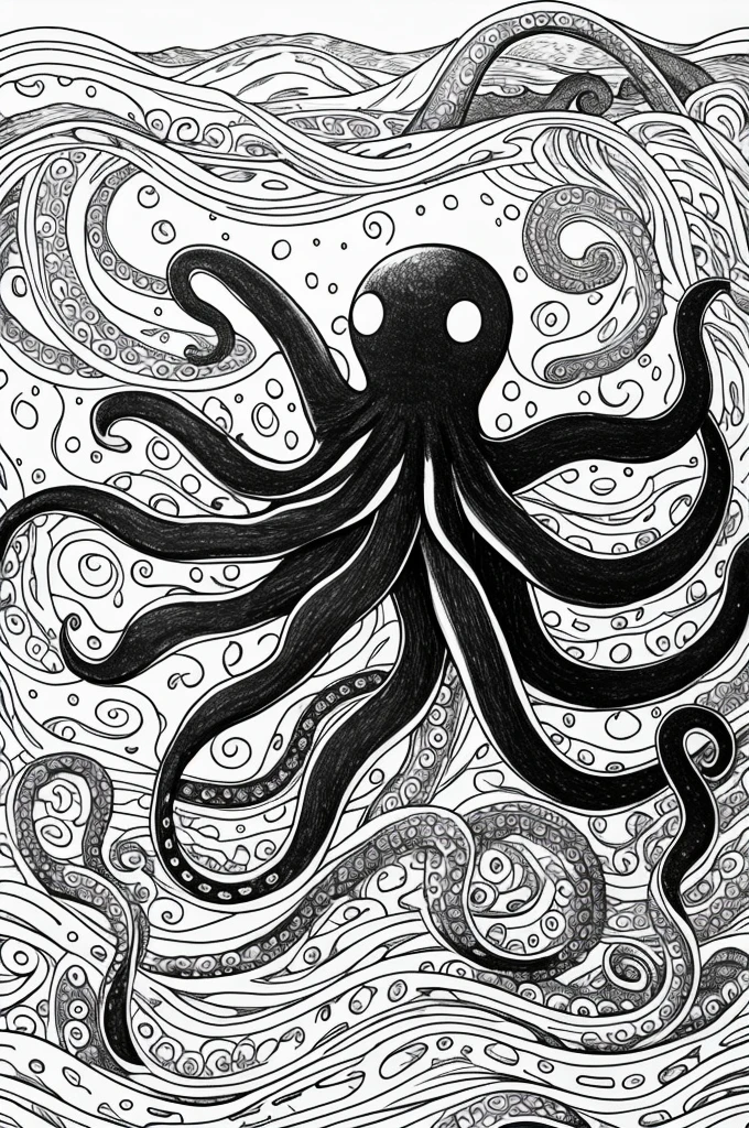 Octopus in the sea happy to color. All in black and white