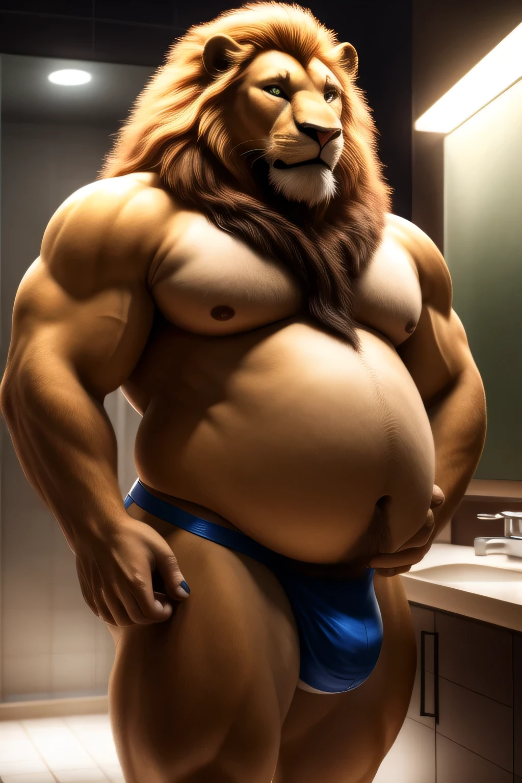 lion, male, long blond mane, extremely obese, extremely fat, extremely big belly, not muscular, in tight jockstrap, in a bathroom, (best quality,8k,highres,masterpiece:1.2),ultra-detailed,(realistic,photorealistic,photo-realistic:1.37),HDR,UHD,studio lighting,ultra-fine painting,sharp focus,physically-based rendering,extreme detail description,professional,vivid colors,bokeh,cinematic,extremely detailed eyes and face, correct anatomy