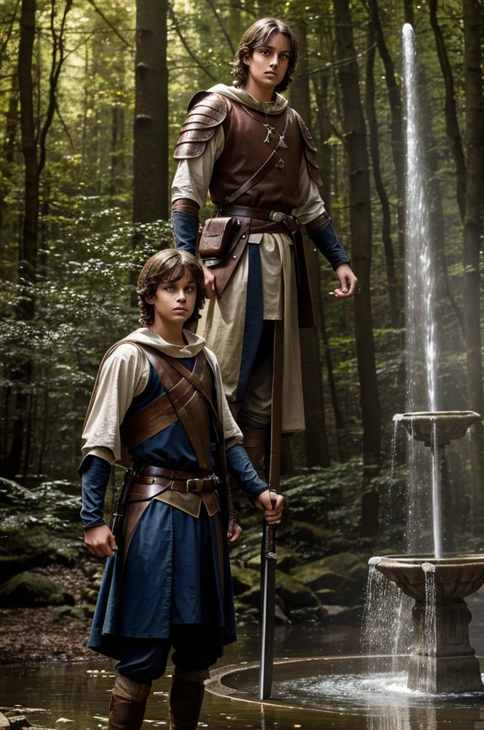 teenage boy shoulder length brown hair dressed in medieval clothing and a sword and next to him a water fountain overflowing with bright light in a beautiful forest