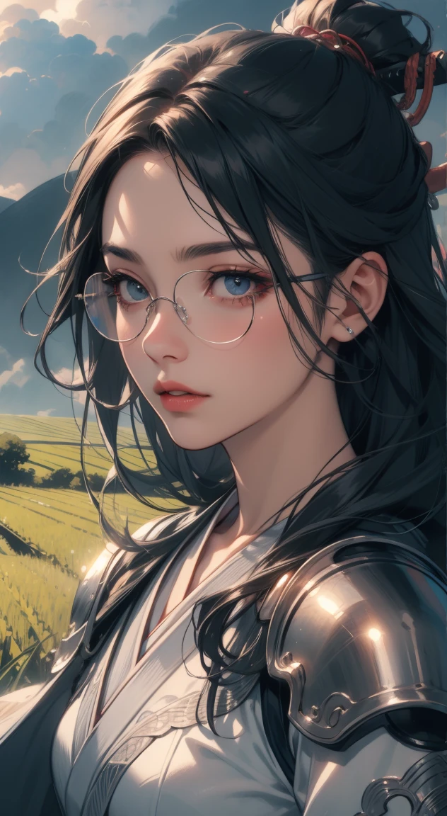 samurai girl, 1 girl, beautiful detailed eyes, beautiful detailed lips, extremely detailed face and eyes, long eyelashes, samurai armor, ((two japanese swords)), rural rice field road, rolling hills, cloudy sky, detailed environment, dramatic lighting, cinematic lighting, dramatic shadows, highly detailed, 8k, photorealistic, hyper detailed, masterpiece, vibrant colors, atmospheric, intricate details、(()) Classic glasses