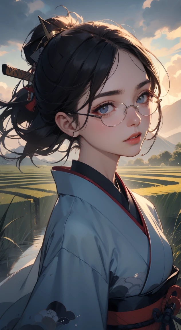 samurai girl, 1 girl, beautiful detailed eyes, beautiful detailed lips, extremely detailed face and eyes, long eyelashes, samurai armor, ((two japanese swords)), rural rice field road, rolling hills, cloudy sky, detailed environment, dramatic lighting, cinematic lighting, dramatic shadows, highly detailed, 8k, photorealistic, hyper detailed, masterpiece, vibrant colors, atmospheric, intricate details、(()) Classic glasses