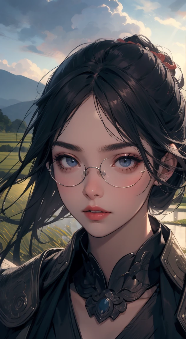 samurai girl, 1 girl, beautiful detailed eyes, beautiful detailed lips, extremely detailed face and eyes, long eyelashes, samurai armor, ((two japanese swords)), rural rice field road, rolling hills, cloudy sky, detailed environment, dramatic lighting, cinematic lighting, dramatic shadows, highly detailed, 8k, photorealistic, hyper detailed, masterpiece, vibrant colors, atmospheric, intricate details、(()) Classic glasses