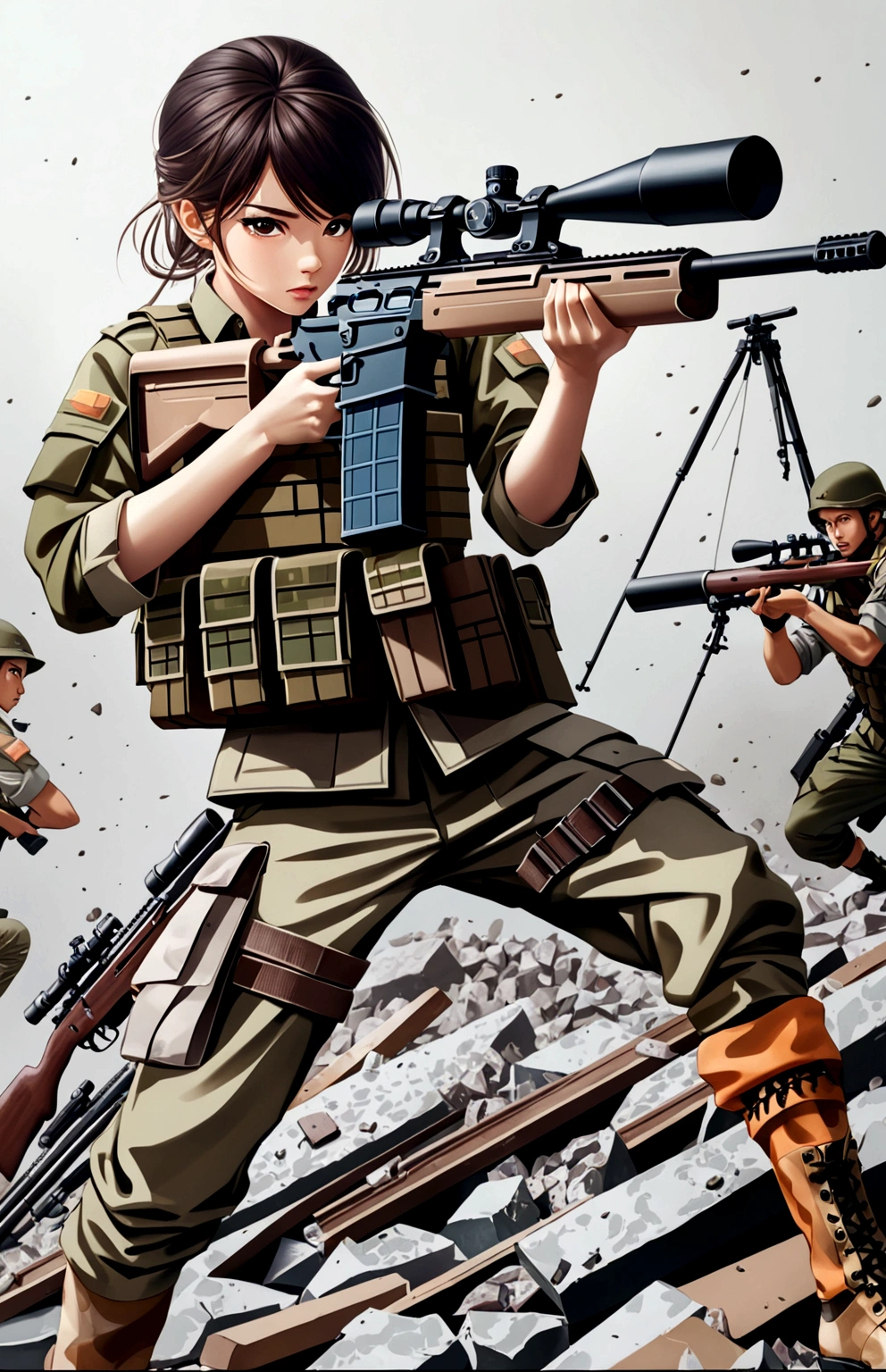 Sniper、un joven soldado mexicano de cabello  recortado perteneciente al ejército mexicano apunta con un rifle de Sniper..、standing、over the rubble、jungle forest、Action poses with movement.、Image from above