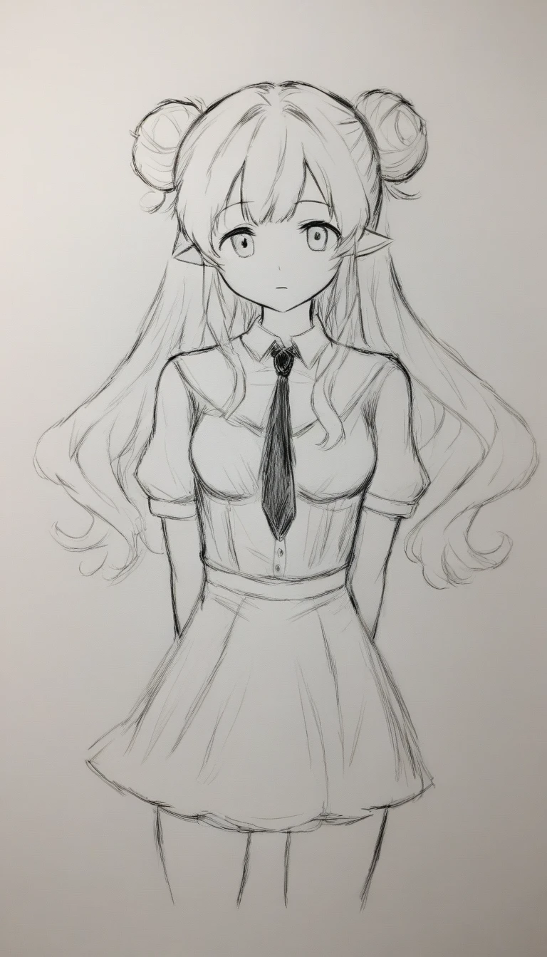 monochrome, lineart, rating:general, watercolor \(medium\), (graphite \(medium\), sketch:0.6), illustration, 1girl,20 years old,solo,long hair,white hair,finana,twintails,double bun,((white shirt,short sleeves,standart tie,skirt)),(white background,sketch),Mid-ground character